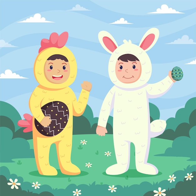 Happy Easter greeting card Cute kids are wearing Easter costumes