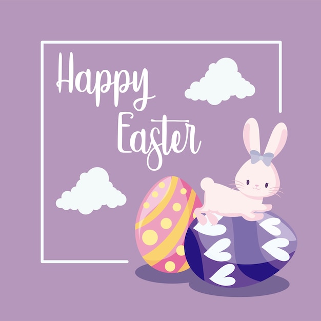 Happy Easter greeting card. Cute rabbit female with eggs of easter