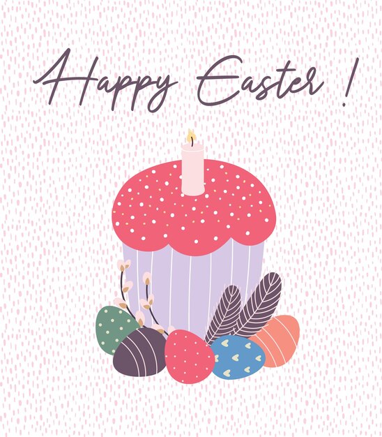 Happy Easter greeting card Easter cake painted eggs willow twigs flat vector illustration