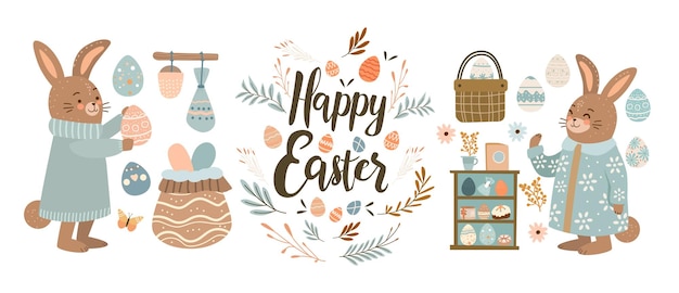 Vector happy easter greeting card elements collection with eggs in pastel colors spring holiday celebration card