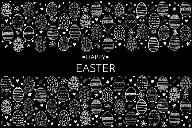 Happy Easter greeting card Hand drawing eggs stars flowers and circles isolated on black background