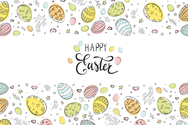 Vector happy easter greeting card. hand drawn easter eggs with decorative elements for wallpaper, flyer, poster, brochure, banners, sticker, print, invitation design and decoration. doodle style