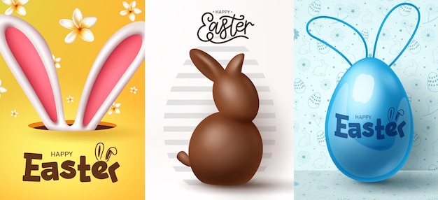 happy easter greeting card poster vector set happy easter greeting card with bunny ears chocolate