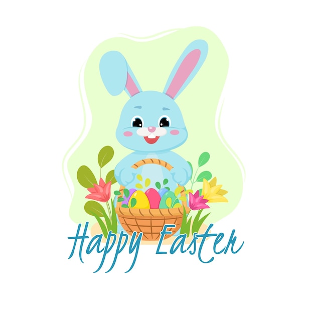 Happy Easter Greeting card or a posters with easter basket bunny spring flowers and Easter egg Vector illustration