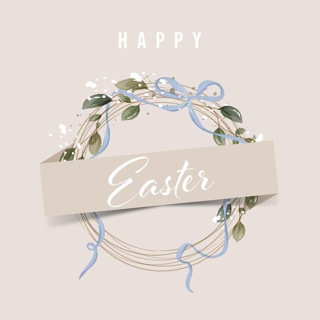 Happy easter greeting card in rustic style vector illustration Greenery watercolor floral template