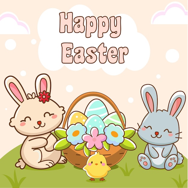 Vector happy easter greeting card template with two bunnies chicken and a busket with eggs and flowers