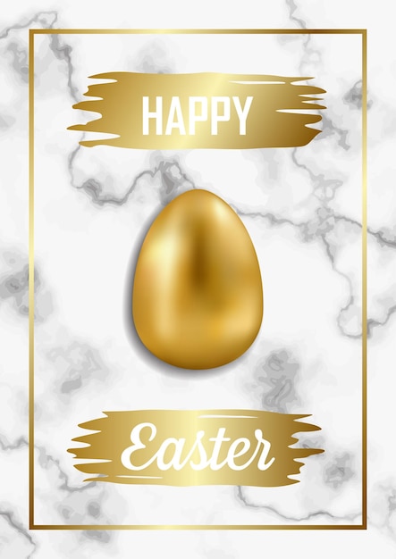 Happy Easter greeting card on white marble background Luxury holliday postcard with gold egg