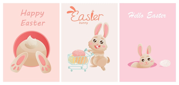 Vector happy easter greeting card with cute bunny eggs flowers vector rabbit character set animal wildlife holidays cartoon