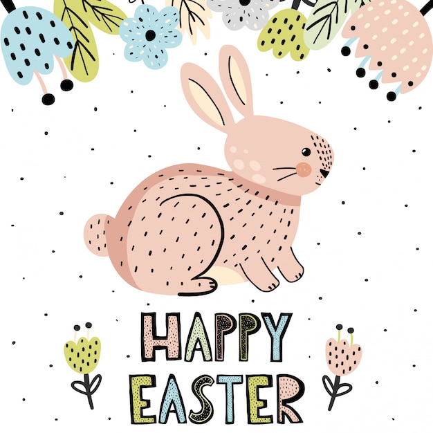 Happy easter  greeting card with a cute bunny