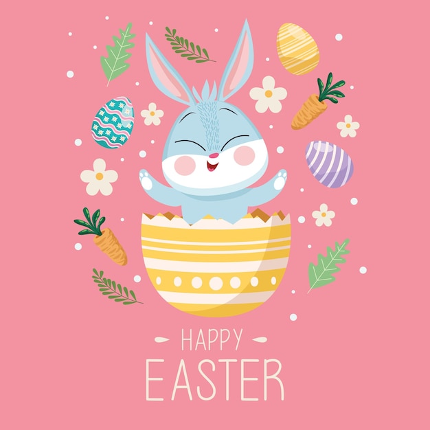 happy easter greeting card with cute rabbit in egg painted