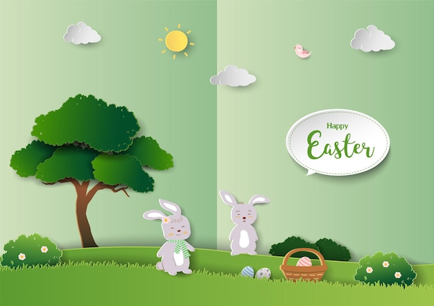 Happy Easter greeting card with cute rabbits on green paper art background,vector illustration