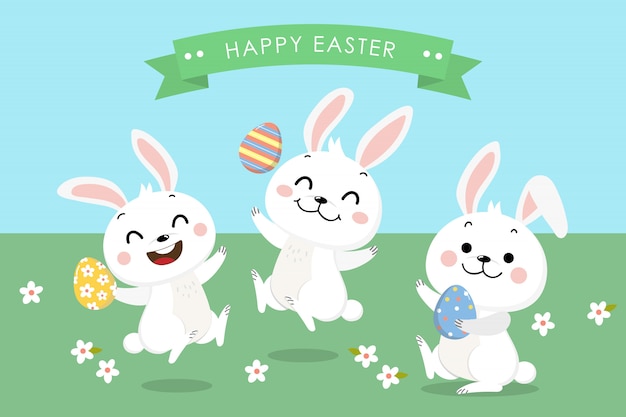 Happy easter greeting card with cute white bunny and eggs.