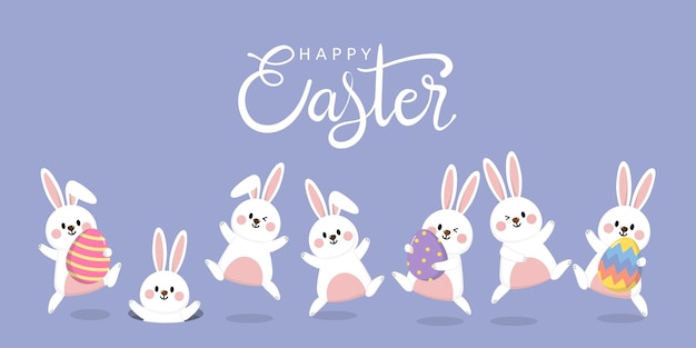 Happy Easter greeting card with cute white bunny and eggs