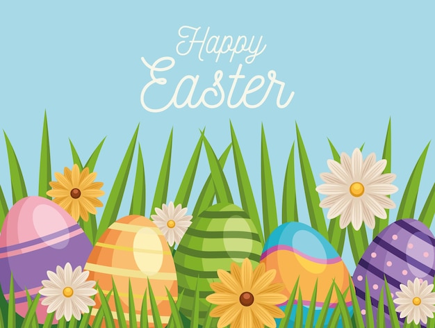 Happy easter greeting card with eggs painted and flowers in garden