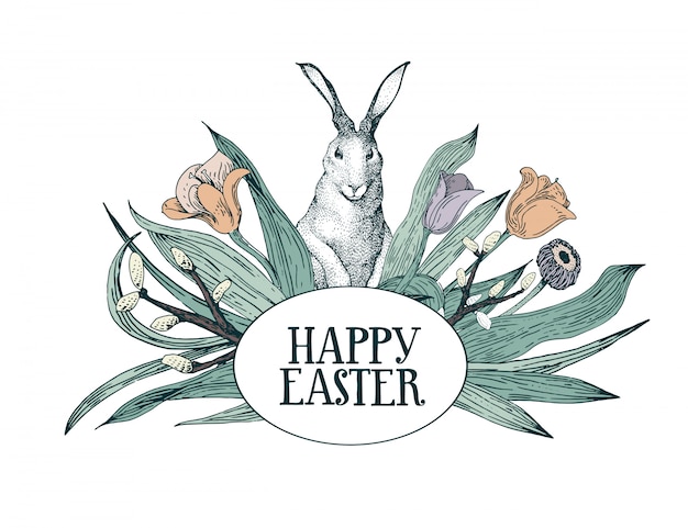 Happy easter greeting card with flowers and rabbit