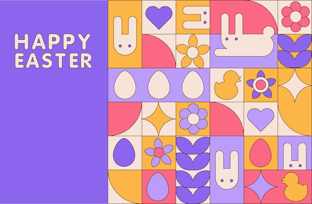 Happy easter greeting card with geometric pattern modern simple elements abstract style set of