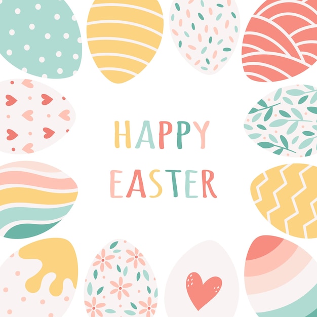 Happy easter greeting card with painted easter eggs hand drawn vector illustration