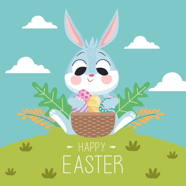 Happy easter greeting card with rabbit and eggs in basket in the landscape