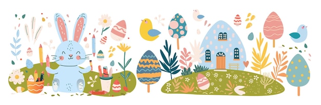 파스텔 색의 토끼와 달을 가진 행복한 부활절 인사 카드 봄 휴가 축하 카드 수평