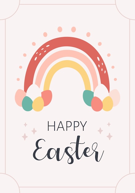 Happy Easter greeting card with rainbow and painted Easter eggs