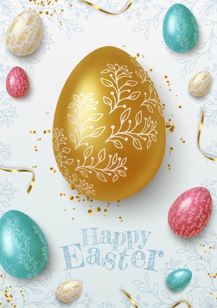 Поздравительная открытка счастливой пасхи с реалистичными золотыми, синими и белыми пасхальными яйцами. векторная иллюстрация.