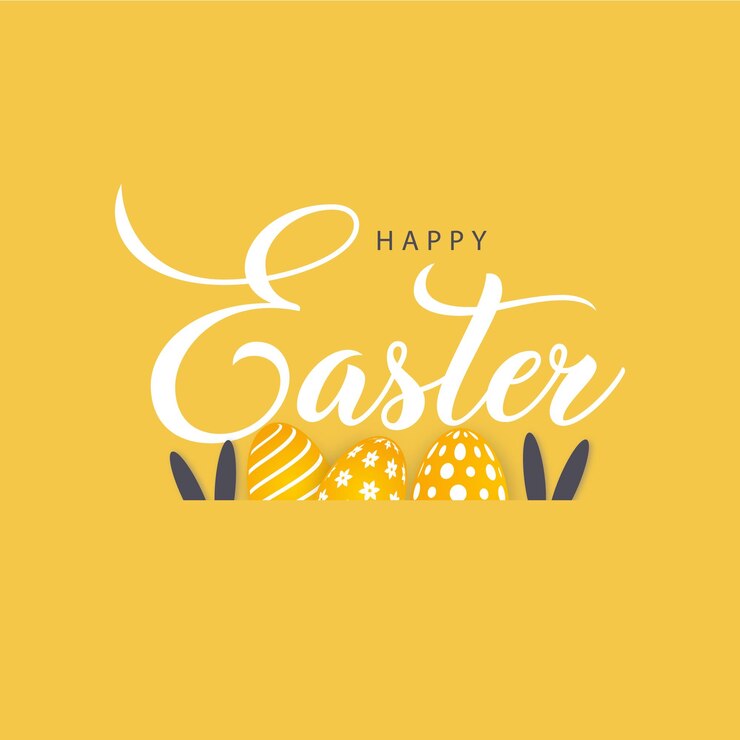 Happy Easter greeting card in yellow and eggs and bunny Easter celebration background