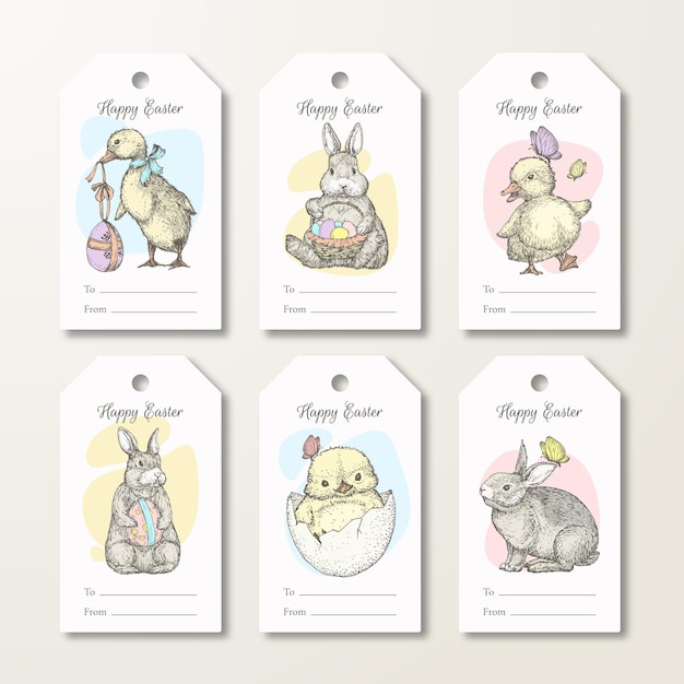 Happy Easter Greeting Cards or ReadytoUse Gift Tags or Labels Templates Set Hand Drawn Cute Animals and Birds Sketch Illustrations Spring Holiday Celebration Design Layouts Bundle Isolated