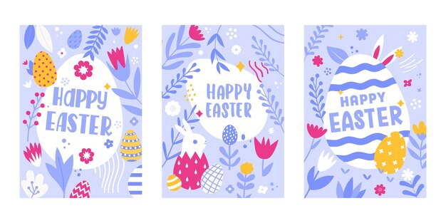 Вектор Счастливые пасхальные открытки с надписью счастливый пасхальный кролик цветы пасхальные яйца