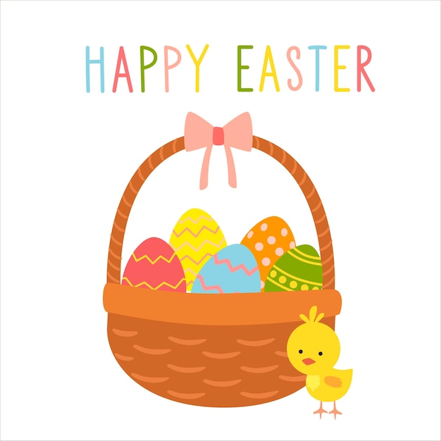 색 계란 바구니와 병아리와 함께 행복 한 부활절 인사 카드