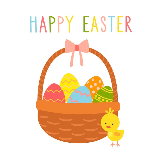 Happy Easter greeting cards with a basket of colored eggs and a chick