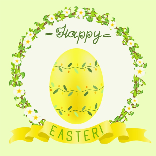 Happy Easter greeting with yellow painted egg and golden ribbon