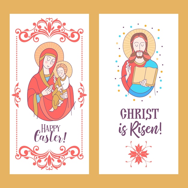 Happy Easter He is risen Easter cards with the image of Jesus and virgin Mary with baby Jesus on hands Vector illustration