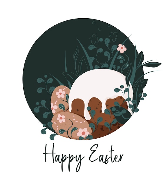 Happy Easter in the herbal circle vector illustration Easter cake and easter eggs stock image