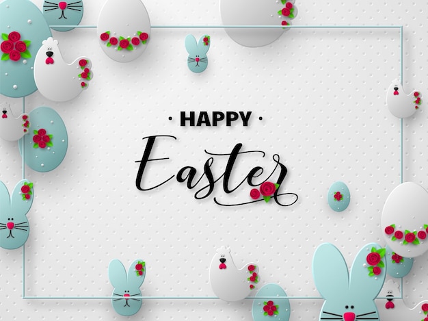 С праздником пасхи. вырезанные из бумаги яйца, кролики и курицы украшены цветами.