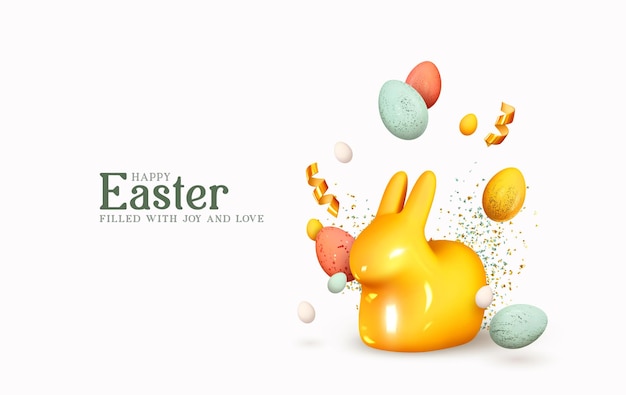 Fondo felice di festa di pasqua. design festivo con elementi decorativi realistici, coniglietto pasquale e uova. tenui colori primaverili pastello. banner, poster web, copertina volantino, brochure elegante, biglietto di auguri