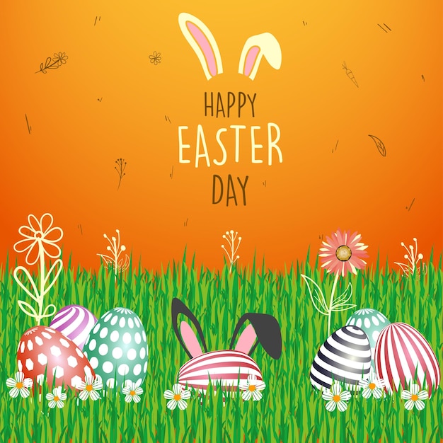 Happy easter holiday background with colorful painted eggs on green grass illustration