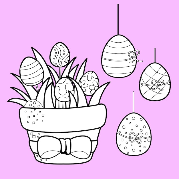 Happy Easter Holiday Bucket Egg Cartoon Digital Stamp Outline