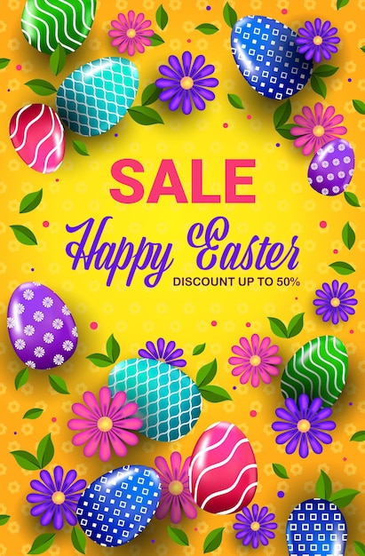 Happy easter holiday celebration sale banner flyer or greeting card with decorative eggs and flowers vertical illustration