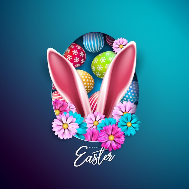 happy easter holiday design with flower colorful painted egg and rabbit ears on blue background
