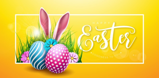 Happy Easter Holiday Design with Flower Painted Egg and Rabbit Ears on Sun Yellow Background