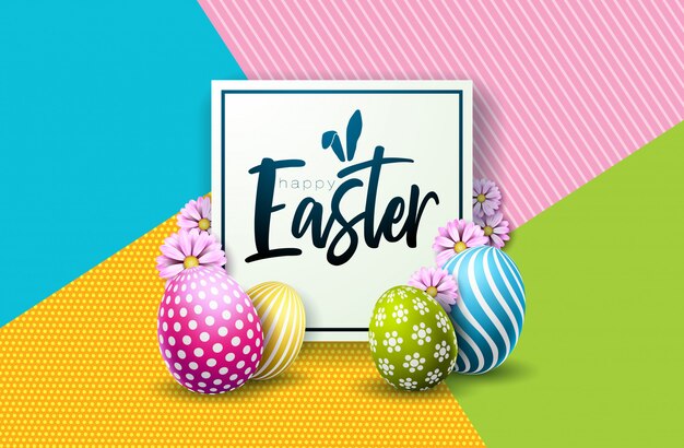 Happy easter holiday design with painted egg and flower