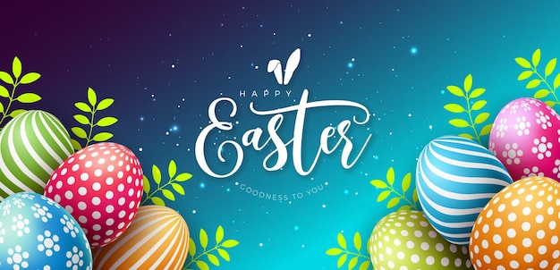 Happy Easter Holiday Design with Painted Egg and Green Leaves on Blue Background Religious Banner