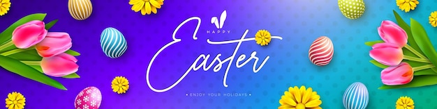 Happy Easter Holiday Design with Painted Egg and Spring Tulip Flower on Violet Blue Background