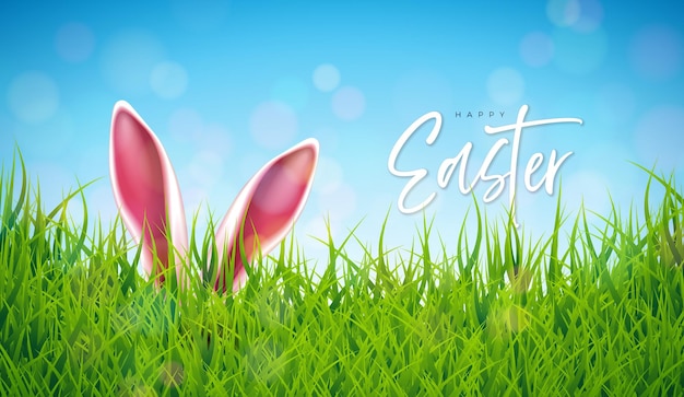 Vector happy easter holiday design with rabbit ears andgreen grass on blue sky background religious banner