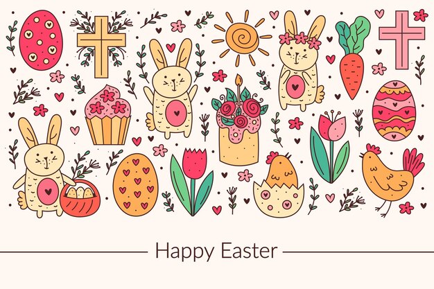 Happy Easter holiday doodle line art design. Rabbit, bunny, christian cross, cake, cupcake, chicken, egg, hen, flower, carrot, sun. Isolated on background.