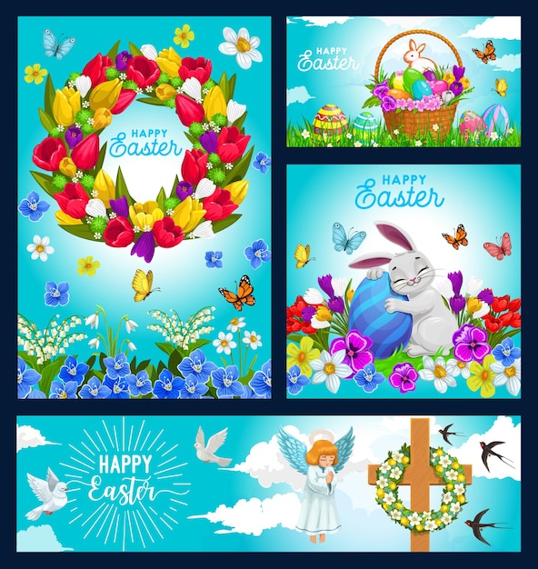 Плакаты с праздником Пасхи с кроликом, обнимающим расписное яйцо на зеленом лугу