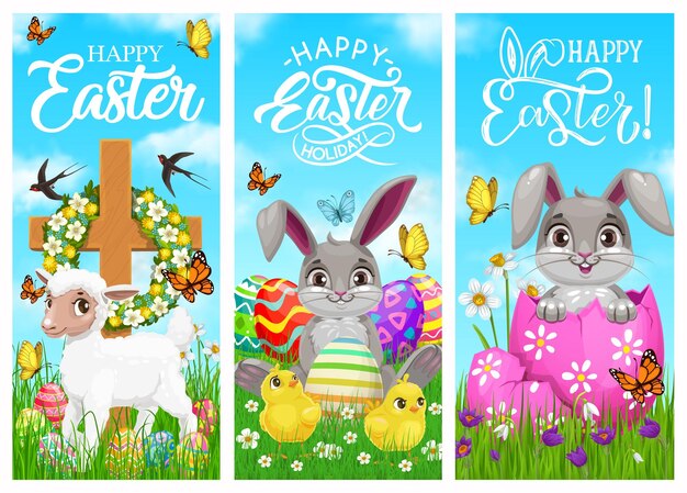 Happy easter holiday rabbits chicks and sheep