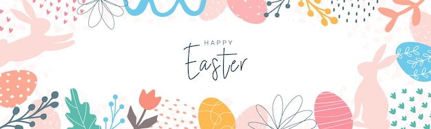 Buona pasqua banner orizzontale moderno astratto bellissimo disegno vettoriale con fiori uova di pasqua