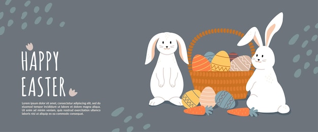 Happy easter horizontal banner trendy easter with basket eggs and bunnies in scandinavian colors