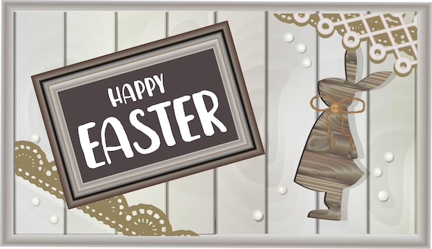 Vector happy easter houten konijn krijtbord eco stijl grijs en beige natuurlijke kleuren en materialen